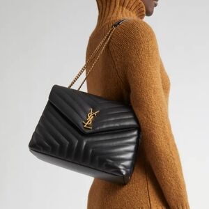 Saint Laurent Black Quilted Loulou Shoulder Bag with Gold-Tone YSL